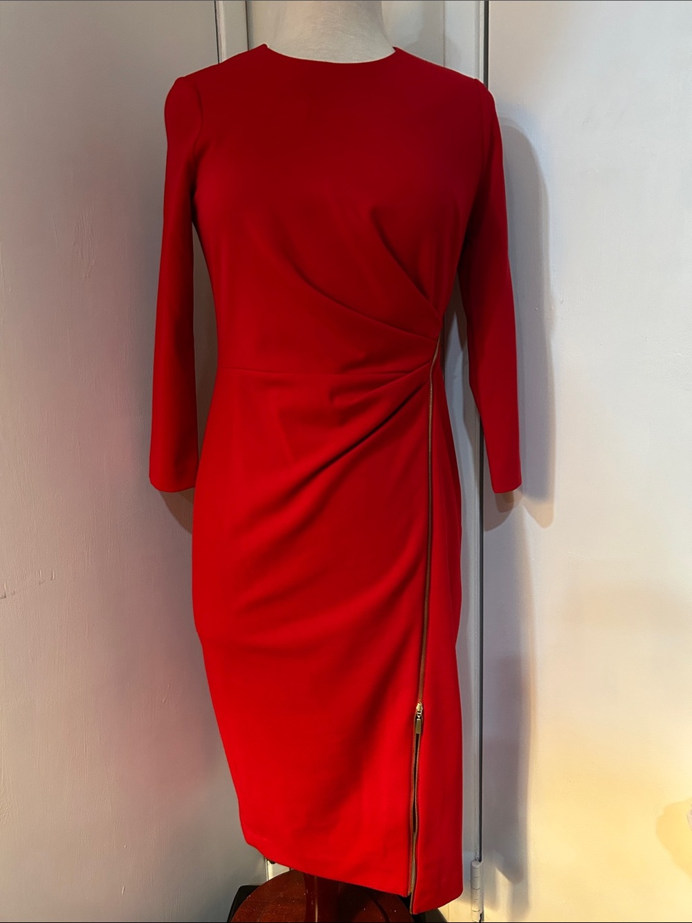 Red Long-Sleeve Ruched Sheath Dress